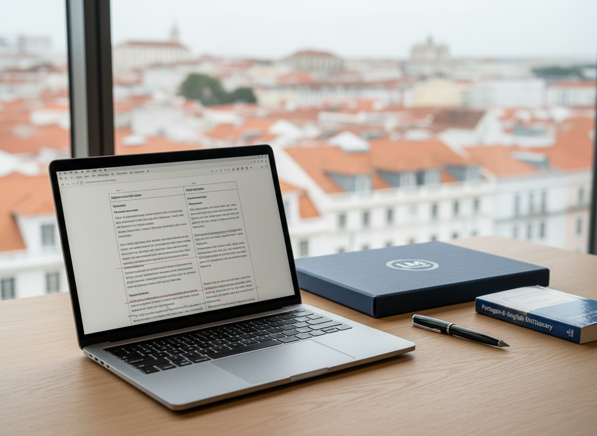 A sleek silver laptop open on a light oak desk, its screen displaying a clean bilingual document with perfectly aligned paragraphs and subtle tracking changes. Beside it, a closed navy-blue folder embossed with a discreet LM Language Management logo rests neatly, along with a fine-point black pen and a slim Portuguese–English dictionary. The workspace sits near a large window overlooking a softly blurred cityscape of Lisbon rooftops. Gentle daylight filters in, casting even, natural illumination with soft shadows for a calm, focused feel. Photographic realism at eye level, with a shallow depth of field that keeps the laptop and documents in crisp focus while the background fades into smooth bokeh, conveying professionalism, precision, and reliability.